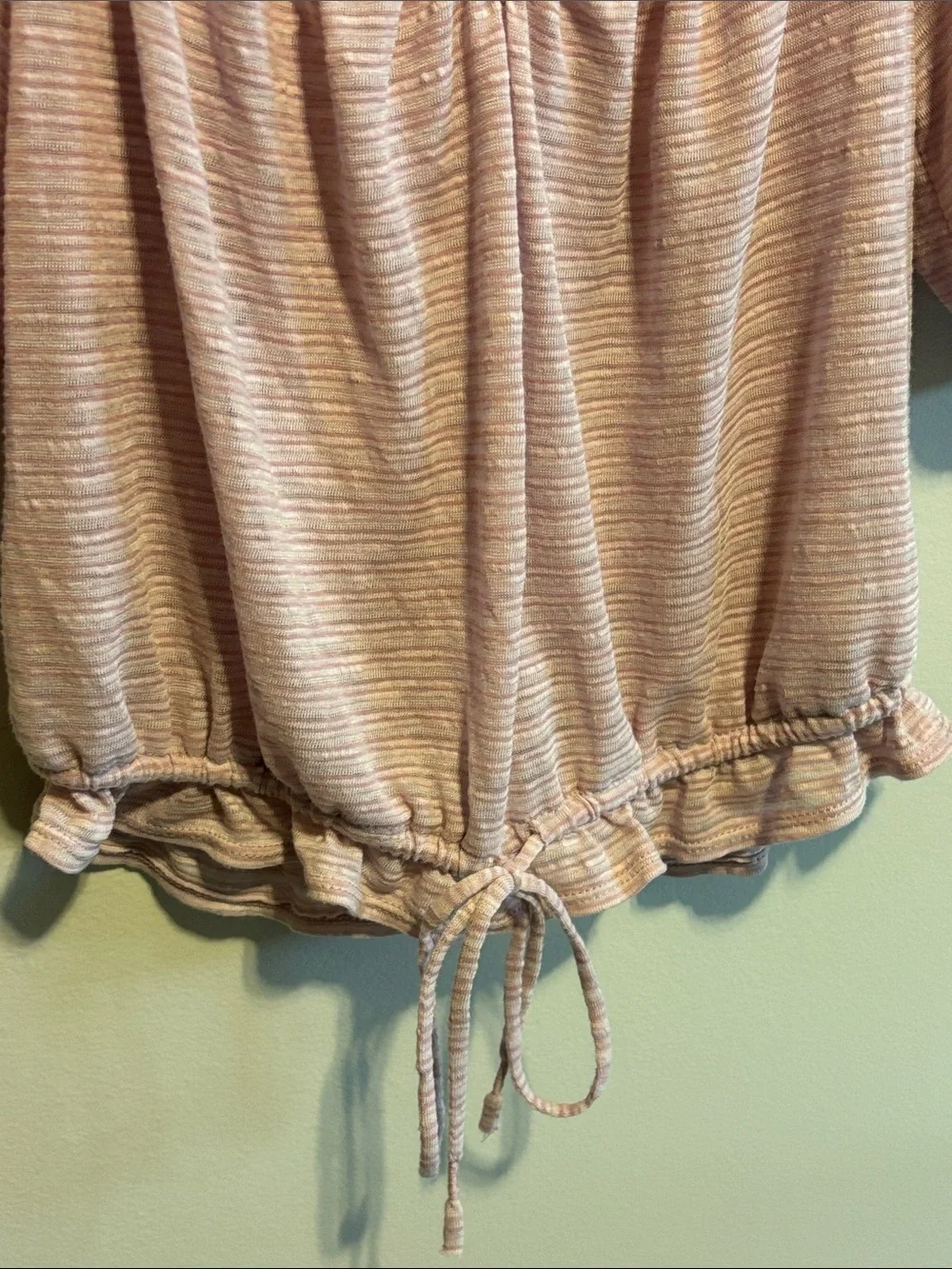 ✨Free People Pink Stripe Dorothy Puff Sleeve Crop Top Ruffle Drawstring Size Sm